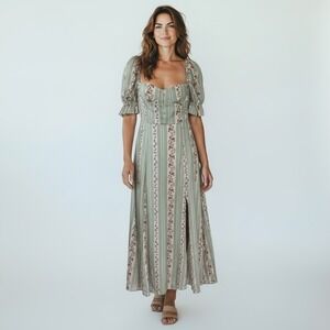 We Wore What Rosewood Puff Sleeve Victorian Floral Stripe Midi Dress Size 2